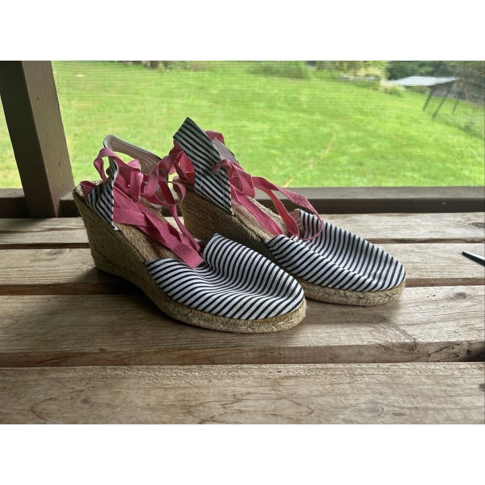 Gap Womens Espidrille Sandals Size 8 Stripe Lace Up Black And Pink